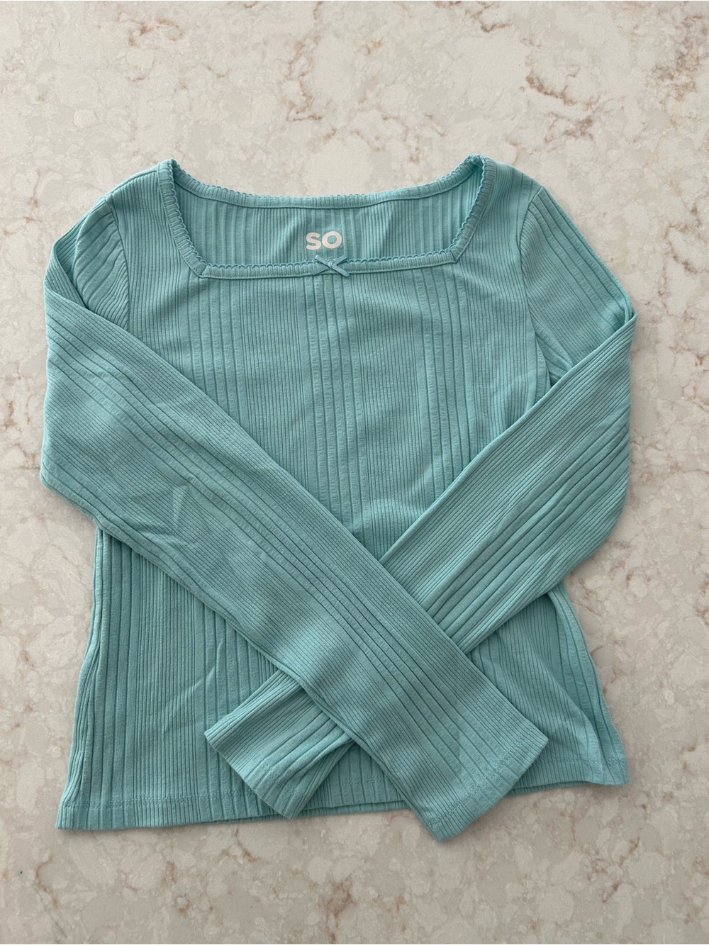 Girls 10/12 Ribbed Long-Sleeve Scoop Neck Top in Aqua with Delicate Bow